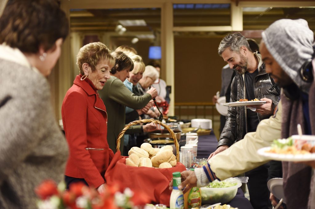 Members of the Proctors Guild serve the cast and crew of The Bodyguard during Taste of Home at Proctors Thursday, February 1, 2018. Guild members cook for and serve the cast and crew from Key Private Bank Broadway Series shows a meal on Thursdays of their run between the matinee and evening shows.