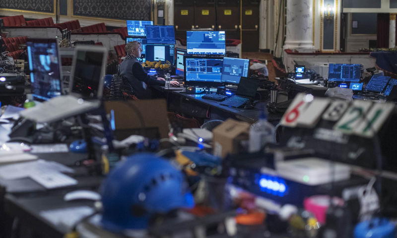 The MainStage house is filled with computers as Frozen creatives prepare for their North American Tour during tech at Proctors Tuesday, October 22, 2019. Photo credit: Kate Penn - Proctors