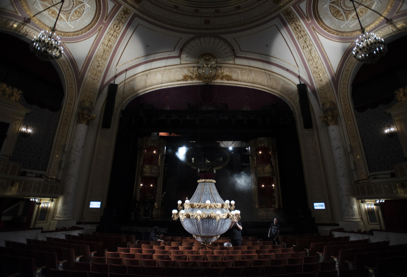The chandelier for The Phantom of the Opera is adjusted before the show at Proctors Thursday, April 25, 2019.